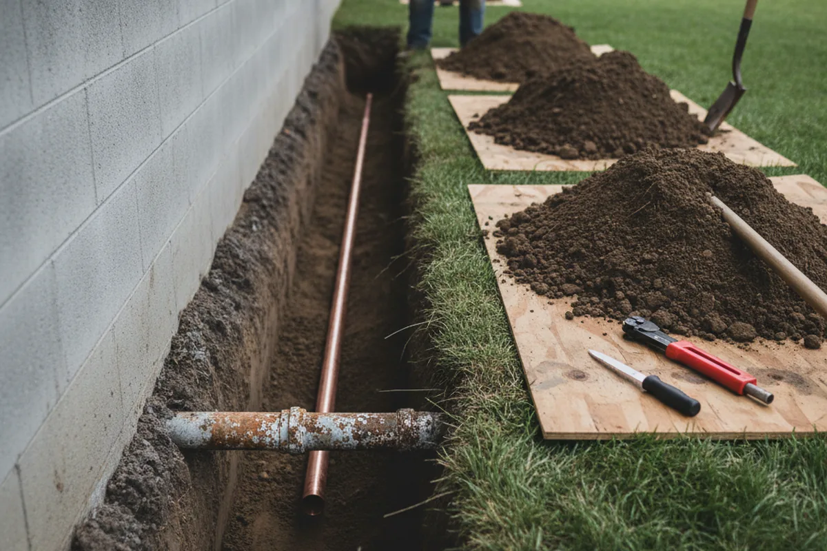 Excavated water line trench during Water Softener Installation in Kittery